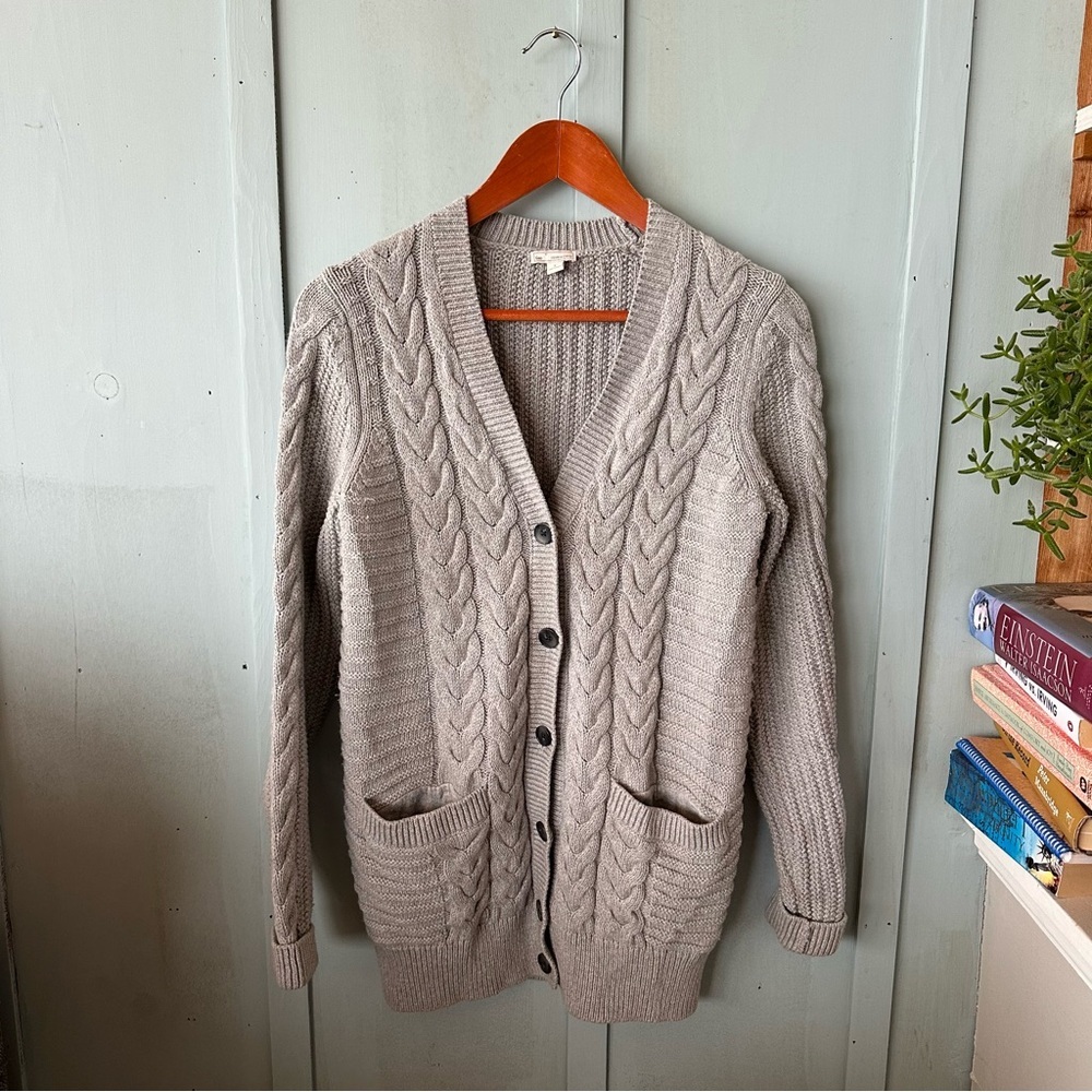 Gray Cable Knit Wool Cotton Blend Cardigan Sweater Size Small Oversized - Picture 2 of 10